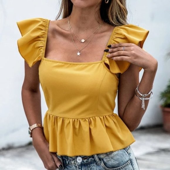 Contemporary minimalist Ruffle Sleeve Peplum Tie Back Blouse - Picture 6 of 6